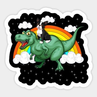 T Rex Dinosaur Riding Boston Terriers Sticker